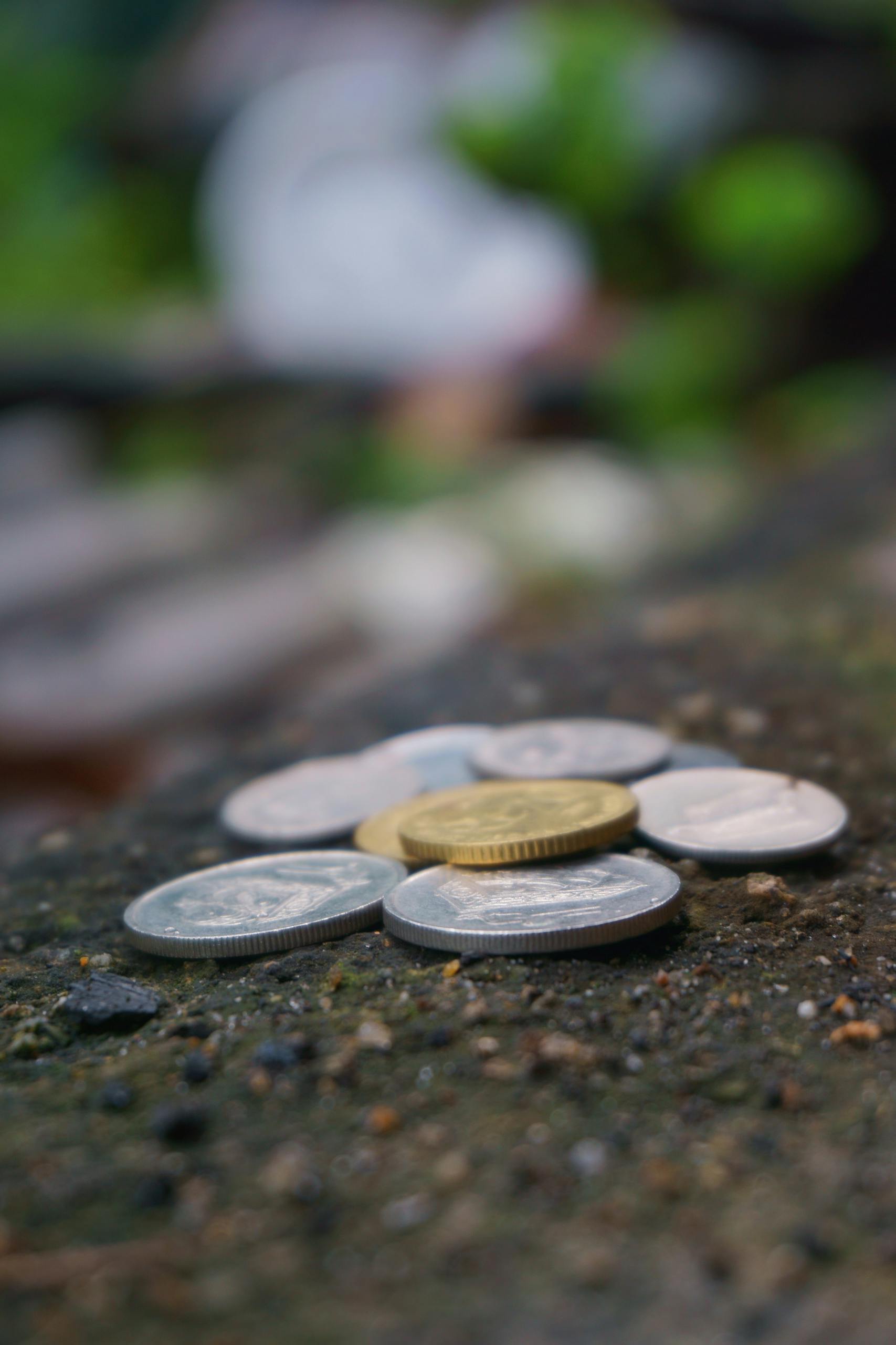 Blurred close-up of assorted coins scattered on textured ground outdoors, with greenery in the background.